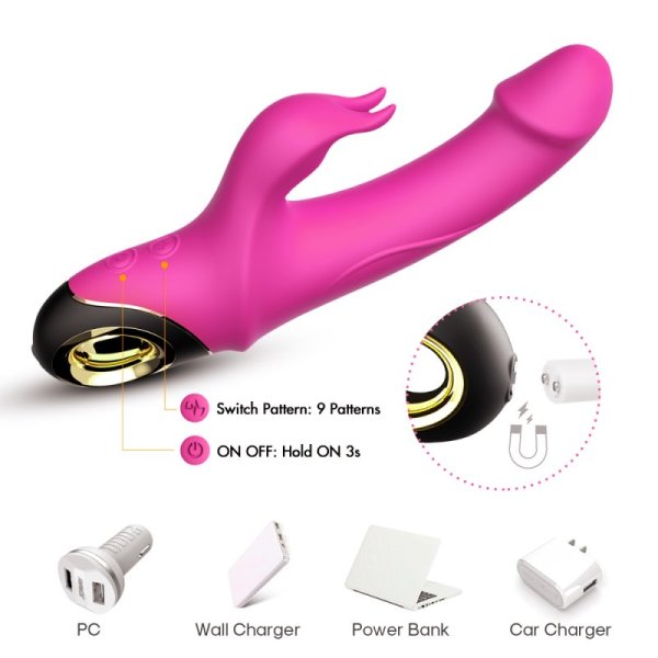 Rabbit Vibrator with 360 Degree Rotating Head - Rose